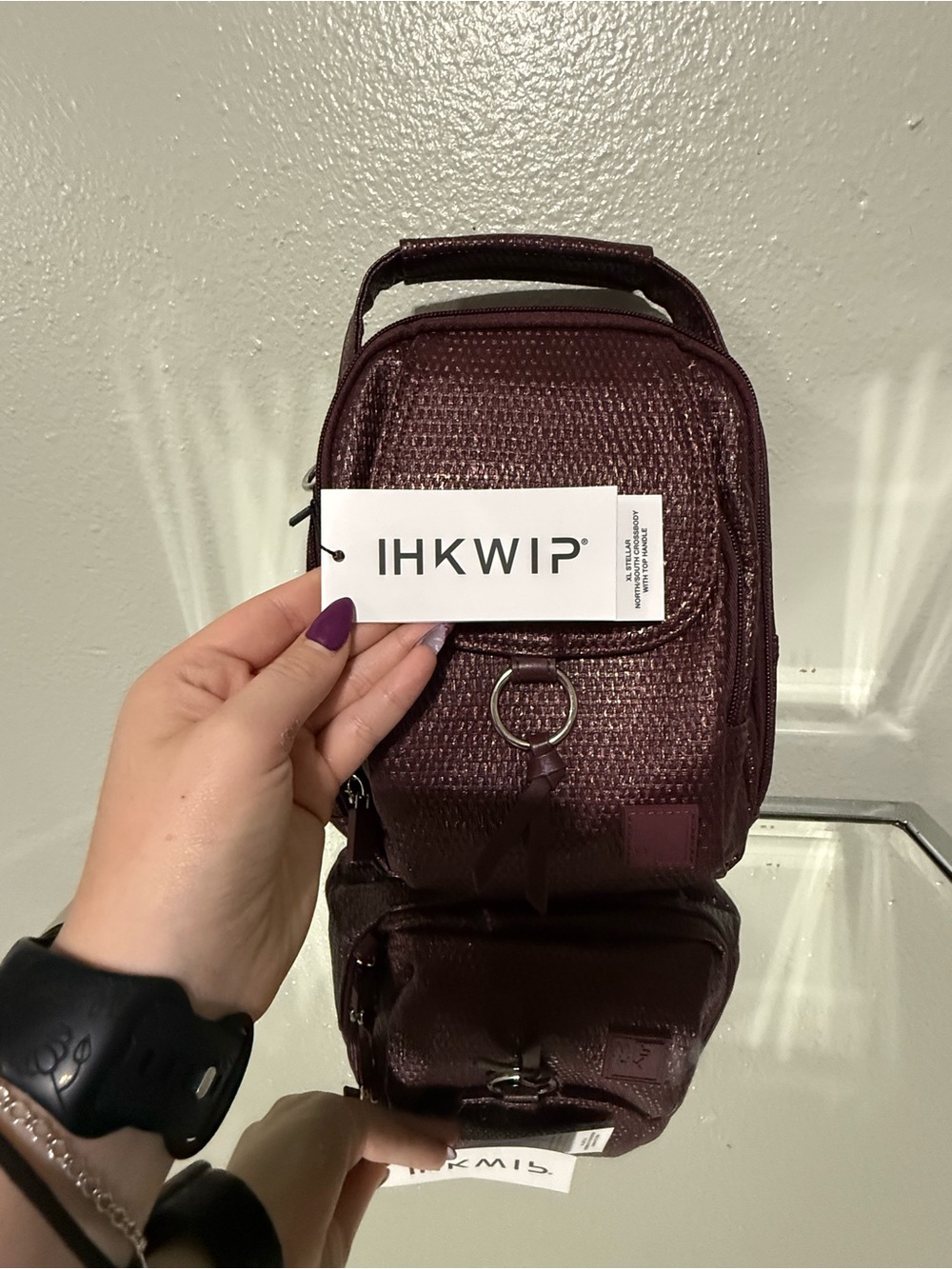 IHKWIP XL Stellar North/South Crossbody Top Handle Bag Burgundy Woven NWT - Picture 2 of 16
